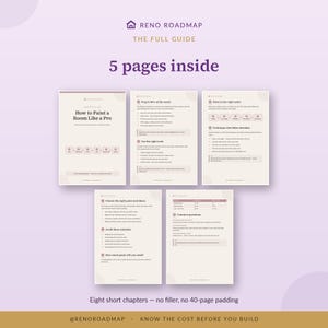 Peut inclure: Un guide num&eacute;rique intitul&eacute; Reno Roadmap The Full Guide avec 5 pages &agrave; l'int&eacute;rieur. Les pages contiennent du texte sur la fa&ccedil;on de peindre une pi&egrave;ce comme un pro, incluant des sections sur la pr&eacute;paration, les outils, l'ordre et les techniques.