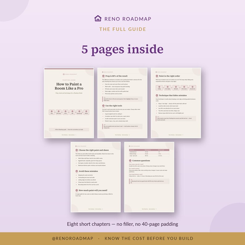 Peut inclure: Un guide num&eacute;rique intitul&eacute; Reno Roadmap The Full Guide avec 5 pages &agrave; l'int&eacute;rieur. Les pages contiennent du texte sur la fa&ccedil;on de peindre une pi&egrave;ce comme un pro, incluant des sections sur la pr&eacute;paration, les outils, l'ordre et les techniques.