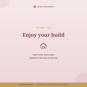 Thank-you card from the Reno Roadmap shop for downloading the Wood Treatment Guide, with an invitation to message with any questions.