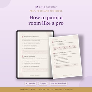 Peut inclure: Un guide num&eacute;rique intitul&eacute; How to paint a room like a pro par Reno Roadmap. Le document pr&eacute;sente des sections sur la pr&eacute;paration, les outils et la technique avec des listes &agrave; puces et des organigrammes. Il comprend 8 chapitres et 5 pages.