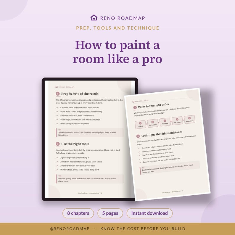 Peut inclure: Un guide num&eacute;rique intitul&eacute; How to paint a room like a pro par Reno Roadmap. Le document pr&eacute;sente des sections sur la pr&eacute;paration, les outils et la technique avec des listes &agrave; puces et des organigrammes. Il comprend 8 chapitres et 5 pages.