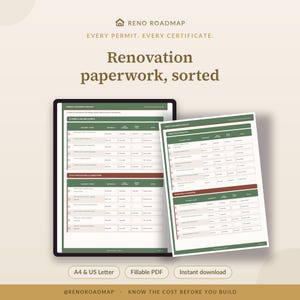 Pode incluir: Uma lista de verificação digital para documentos de renovação intitulada Reno Roadmap com o texto Every Permit. Every Certificate. Renovation paperwork, sorted. O documento apresenta tabelas para planeamento, licenças e certificados.