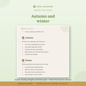 May include: A Reno Roadmap guide titled Autumn and Winter featuring a checklist for home maintenance. It includes tasks like servicing heating, clearing gutters, draught-proofing, bleeding radiators, checking insulation, lagging pipes, and testing alarms.