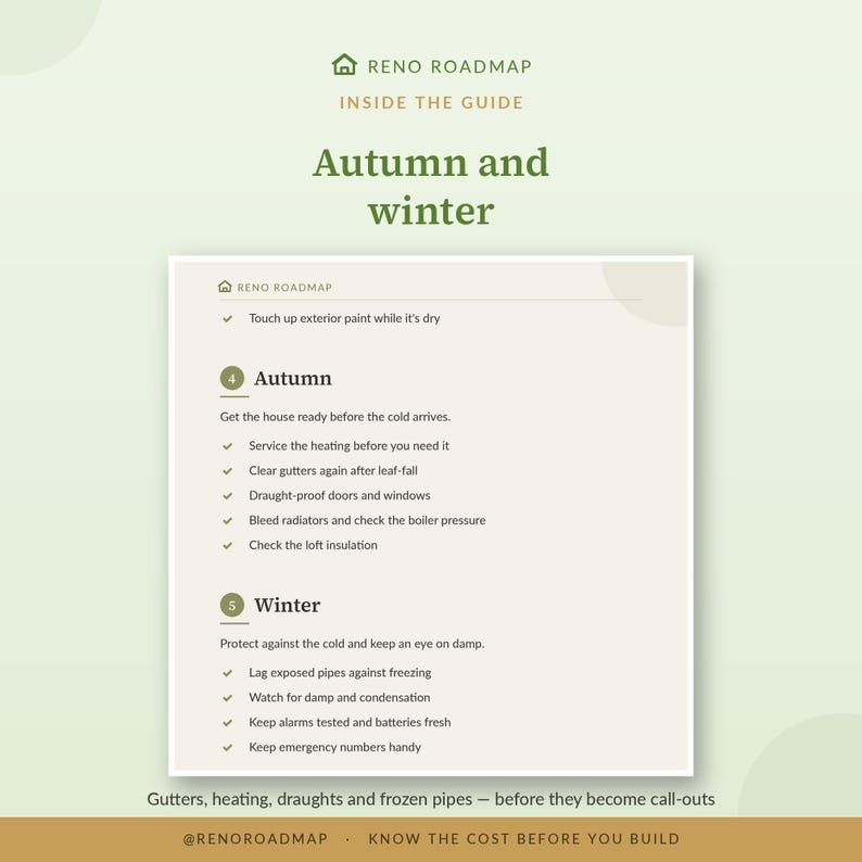 May include: A Reno Roadmap guide titled Autumn and Winter featuring a checklist for home maintenance. It includes tasks like servicing heating, clearing gutters, draught-proofing, bleeding radiators, checking insulation, lagging pipes, and testing alarms.