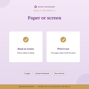 Peut inclure: Un graphique num&eacute;rique intitul&eacute; Reno Roadmap Paper or screen avec deux bo&icirc;tes blanches. La bo&icirc;te de gauche indique Read on screen Phone, tablet or laptop. La bo&icirc;te de droite indique Print it out Five pages, keep it with the paint. Texte en bas : 5 pages, Instant download, Yours forever.