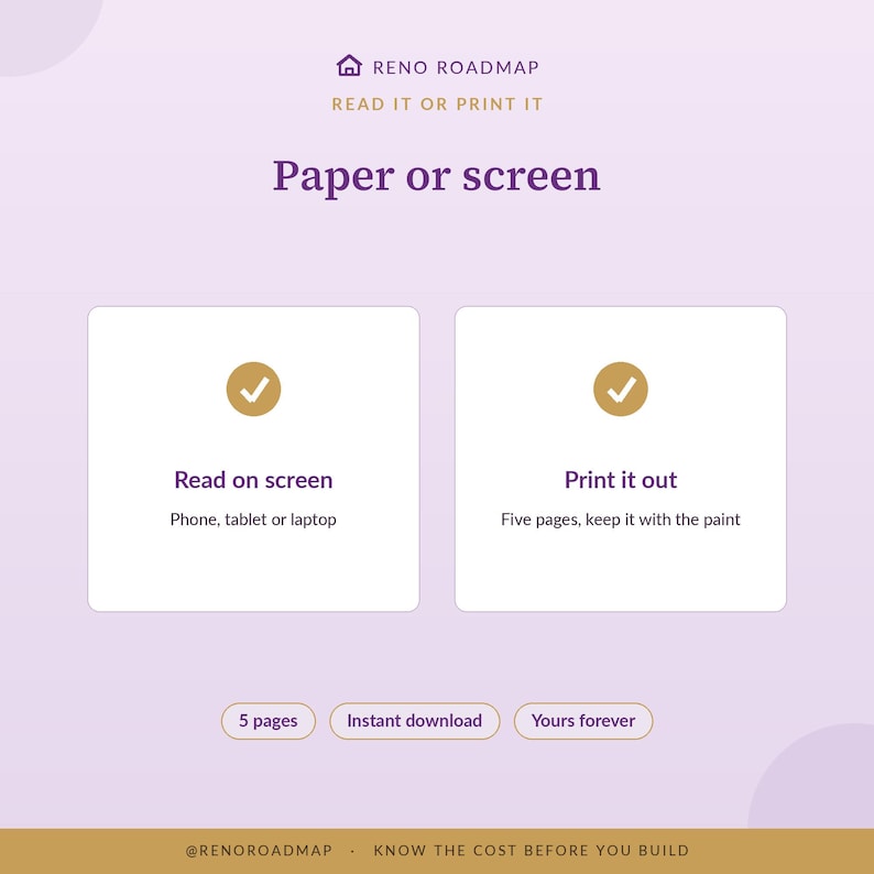 Peut inclure: Un graphique num&eacute;rique intitul&eacute; Reno Roadmap Paper or screen avec deux bo&icirc;tes blanches. La bo&icirc;te de gauche indique Read on screen Phone, tablet or laptop. La bo&icirc;te de droite indique Print it out Five pages, keep it with the paint. Texte en bas : 5 pages, Instant download, Yours forever.