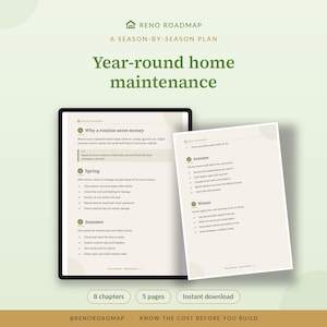 May include: A digital home maintenance guide titled Reno Roadmap: A Season-by-Season Plan. The document features checklists for spring, summer, autumn, and winter tasks, including gutter cleaning, roof inspections, and heating service, presented on light beige pages.