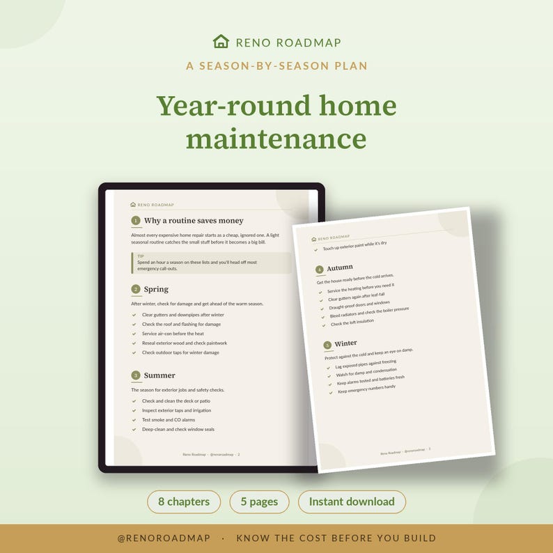 May include: A digital home maintenance guide titled Reno Roadmap: A Season-by-Season Plan. The document features checklists for spring, summer, autumn, and winter tasks, including gutter cleaning, roof inspections, and heating service, presented on light beige pages.