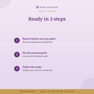 Peut inclure: Une infographie violet clair intitul&eacute;e Reno Roadmap How It Works Ready in 3 steps. Elle pr&eacute;sente trois &eacute;tapes : 1. Read it before you buy paint, 2. Do the prep properly, et 3. Follow the order : Ceiling, cut in, roll, trim, second coat.