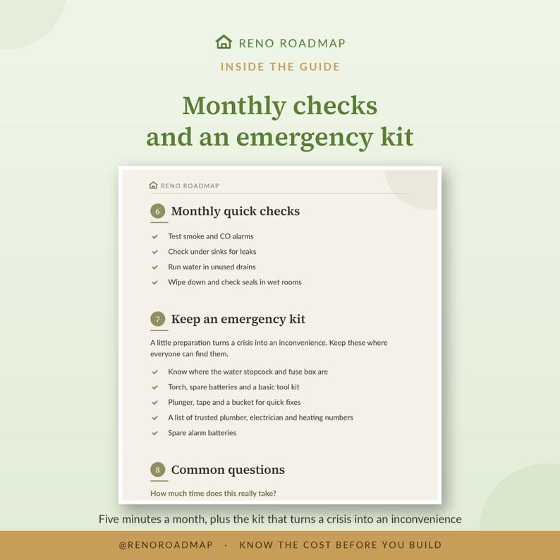 May include: A Reno Roadmap guide page titled Monthly checks and an emergency kit. It lists monthly quick checks like testing alarms and checking for leaks, and emergency kit items including a torch, batteries, and tools, with a footer text.
