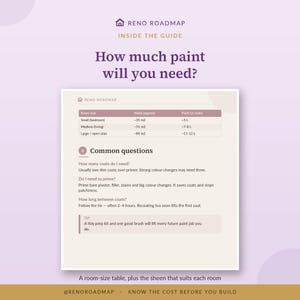Peut inclure: Un guide Reno Roadmap intitul&eacute; How much paint will you need? avec un tableau indiquant les tailles de pi&egrave;ces, les surfaces murales en m2 et les volumes de peinture en litres pour deux couches. Inclut des questions sur les couches et le s&eacute;chage.