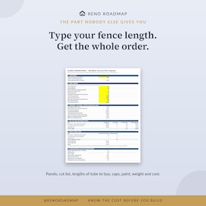 The Excel material calculator, with a yellow cell for the fence length and the panels, cut list, tube and cost calculated below.