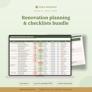Puede incluir: Un paquete digital de planificación y listas de verificación de renovación que incluye una hoja de cálculo Renovation Master Checklist con columnas para fase, tarea, prioridad, estado, propietario, fecha objetivo, fecha de finalización y notas. Texto: Reno Roadmap.