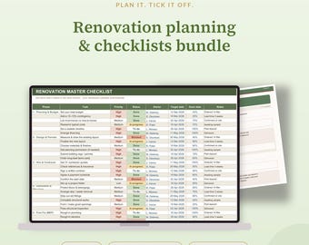 Renovierungsplanungspaket, Master-Checkliste, Raumplaner, Gantt-Zeitplan, Mängelliste, Genehmigungs-Tracker, Excel und PDF