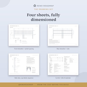 All four drawing sheets laid out together — front elevation, rear elevation, side view with cap detail, and the cut list.