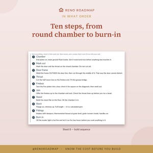 May include: A Reno Roadmap instructional document titled Ten steps, from round chamber to burn-in. It lists ten numbered steps for building a smoker, including chamber, mark out, door frame, throat, firebox, join, stand, stack, fittings, and burn in.