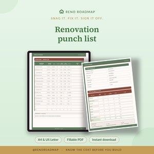 Peut inclure: Un document de suivi de liste de travaux de rénovation avec un schéma de couleurs vert foncé et terre cuite. Le texte indique Reno Roadmap, Snag it. Fix it. Sign it off. Renovation punch list, A4 & US Letter, Fillable PDF, Instant download.