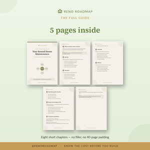May include: A five-page digital guide titled Reno Roadmap: The Full Guide, Year-Round Home Maintenance. The pages feature text, checklists, and seasonal maintenance tips for spring, summer, autumn, and winter, organised into eight short chapters.