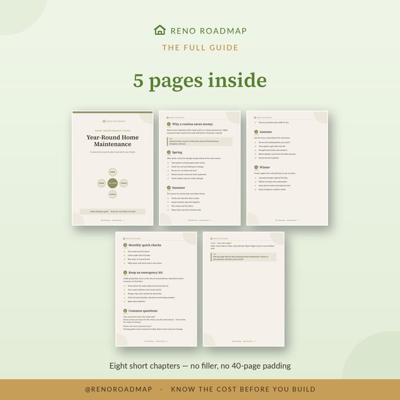 May include: A five-page digital guide titled Reno Roadmap: The Full Guide, Year-Round Home Maintenance. The pages feature text, checklists, and seasonal maintenance tips for spring, summer, autumn, and winter, organised into eight short chapters.