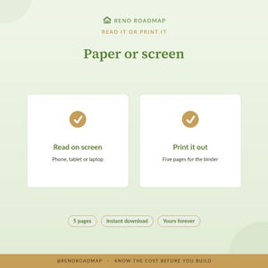 May include: A digital information graphic titled RENO ROADMAP READ IT OR PRINT IT Paper or screen. It features two white boxes with checkmarks, one labelled Read on screen for phone, tablet or laptop, and one labelled Print it out for five pages.
