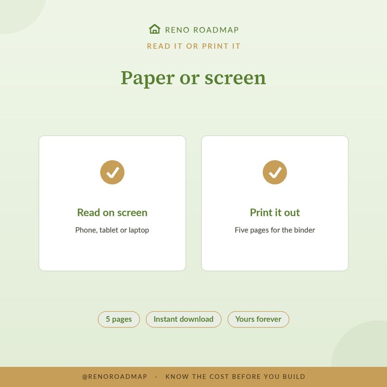 May include: A digital information graphic titled RENO ROADMAP READ IT OR PRINT IT Paper or screen. It features two white boxes with checkmarks, one labelled Read on screen for phone, tablet or laptop, and one labelled Print it out for five pages.