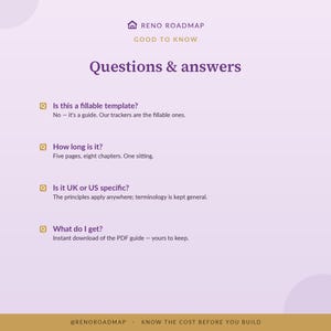 Peut inclure: Un document informatif violet clair intitul&eacute; Reno Roadmap Good to Know Questions & answers. Il &eacute;num&egrave;re quatre questions concernant les mod&egrave;les remplissables, la longueur, la sp&eacute;cificit&eacute; r&eacute;gionale et la livraison, avec des r&eacute;ponses en violet fonc&eacute;.