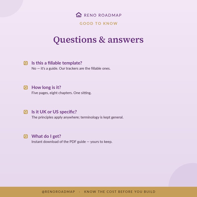 Peut inclure: Un document informatif violet clair intitul&eacute; Reno Roadmap Good to Know Questions & answers. Il &eacute;num&egrave;re quatre questions concernant les mod&egrave;les remplissables, la longueur, la sp&eacute;cificit&eacute; r&eacute;gionale et la livraison, avec des r&eacute;ponses en violet fonc&eacute;.