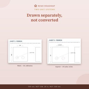 May include: A technical diagram titled RENO ROADMAP TWO UNIT SYSTEMS showing two firebox schematics. One side displays metric measurements in millimeters on A4 paper, while the other shows imperial measurements in inches on US Letter paper.