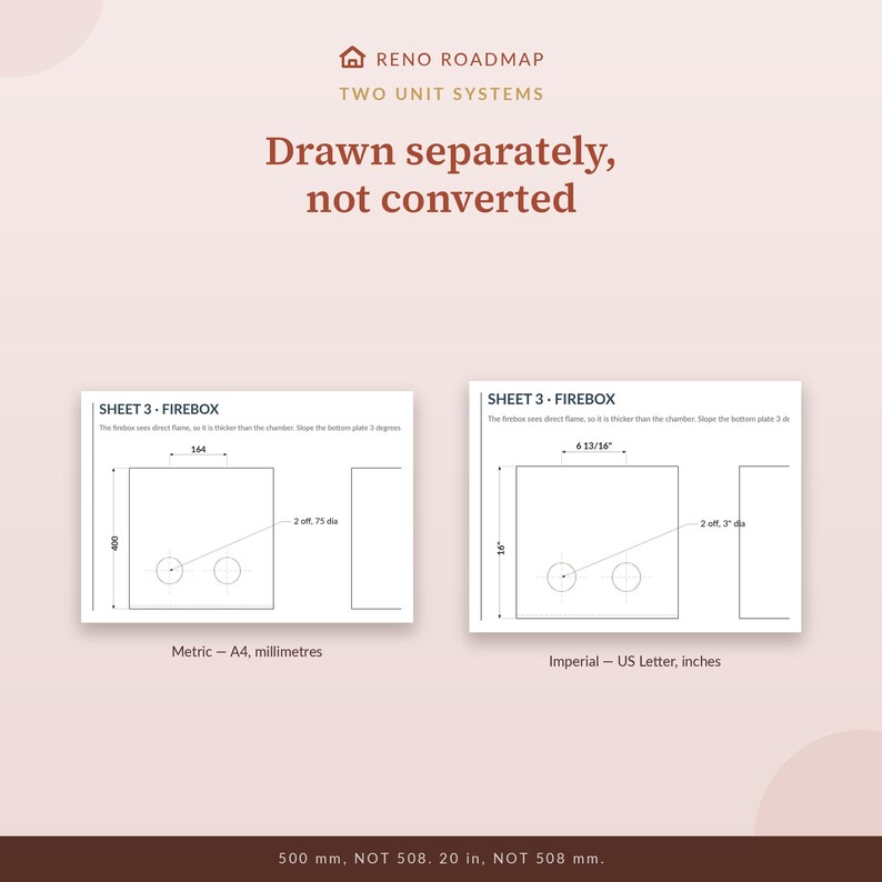 May include: A technical diagram titled RENO ROADMAP TWO UNIT SYSTEMS showing two firebox schematics. One side displays metric measurements in millimeters on A4 paper, while the other shows imperial measurements in inches on US Letter paper.