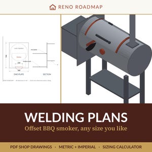 May include: Welding plans for an offset BBQ smoker featuring a technical diagram with dimensions in millimeters, including an end plate and section view, alongside an isometric illustration of the cylindrical smoker unit with a firebox.