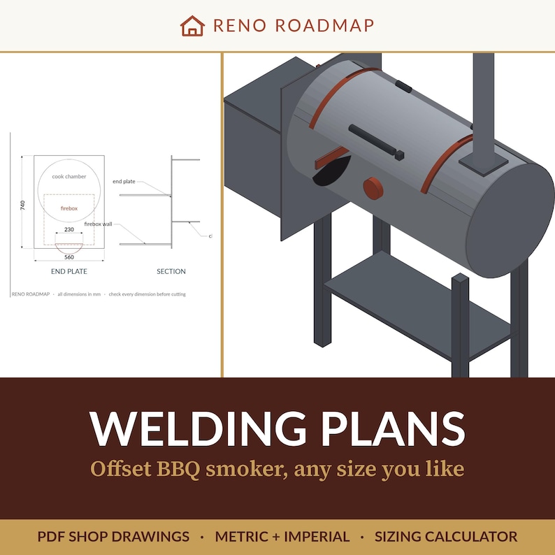 May include: Welding plans for an offset BBQ smoker featuring a technical diagram with dimensions in millimeters, including an end plate and section view, alongside an isometric illustration of the cylindrical smoker unit with a firebox.