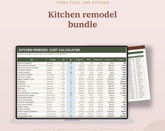 Komplettpaket für Küchenrenovierung, Kostenrechner, Planungsleitfaden und Checkliste, Excel- und Google-Tabellen-Vorlagen, Budgetplaner für Küchenrenovierungen