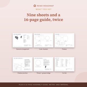 May include: A Reno Roadmap set containing nine technical drawing sheets and a 16-page guide, provided twice. The sheets display diagrams for general arrangement, cook chamber, firebox, firebox junction, throat and grease bridge, and a cut list.