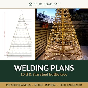 Puede incluir: Planos de soldadura para un &aacute;rbol de botellas de acero de 3 m, con un diagrama t&eacute;cnico de 304,8 cm de altura y 198,1 cm de di&aacute;metro, junto a una fotograf&iacute;a de una estructura met&aacute;lica c&oacute;nica iluminada con numerosas luces c&aacute;lidas peque&ntilde;as.
