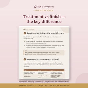 Inside the Wood Treatment Guide: page 4 of the guide, treatment vs finish — the key difference — people mix these up constantly. One protects, the other weathers.