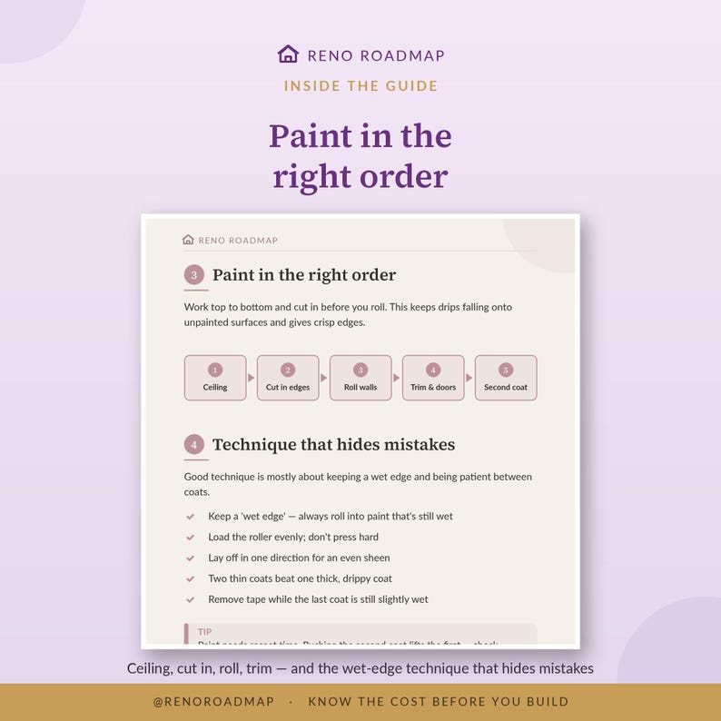 Peut inclure: Une infographie p&eacute;dagogique intitul&eacute;e Reno Roadmap Inside the Guide, d&eacute;taillant les &eacute;tapes de peinture. Elle pr&eacute;sente un processus en cinq &eacute;tapes : plafond, d&eacute;coupe des bords, rouleau sur les murs, finitions et portes, et seconde couche.