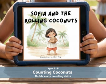 May include: A tablet displays a children's book illustration titled "Sofia and the Rolling Coconuts." The image shows a smiling girl holding a coconut on a beach with palm trees. The text below reads "Counting Coconuts" and "Ages 2-4."