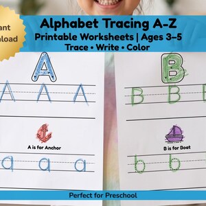 Op de afbeelding: Alfabet traceerwerkbladen voor kinderen van 3-5 jaar. De werkbladen bevatten de letters A en B, met traceerlijnen en illustraties van een anker en een boot. De tekst luidt "Traceer, Schrijf, Kleur".
