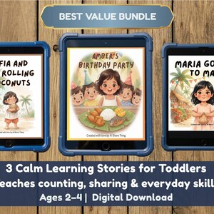 Puede incluir: Tres libros de cuentos digitales para niños pequeños en tabletas. Las historias se titulan "Sofía y los cocos rodantes", "La fiesta de cumpleaños de Amber" y "María va al mercado". La imagen incluye el texto "Mejor paquete de valor" y "3 cuentos tranquilos para niños pequeños".