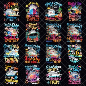Puede incluir: Una colección de diseños coloridos con temática de cruceros con texto. Cada diseño presenta un crucero, elementos tropicales y frases como "Viaje de cumpleaños" y "Viaje familiar". Los diseños están sobre un fondo negro.