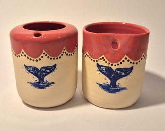 Handmade ceramic travel mug, pink glaze x humpback whale tail, coffee mug, to go mug