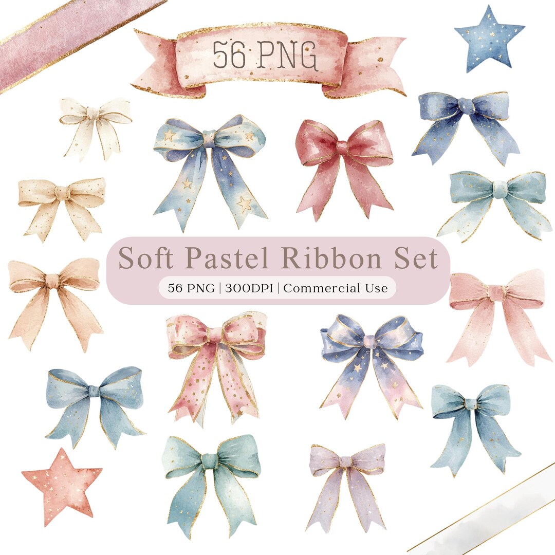 Pastel Ribbon Pattern Soft Pastel Ribbon Set | 56 Watercolor Ribbon PNG Clipart | Gentle ...