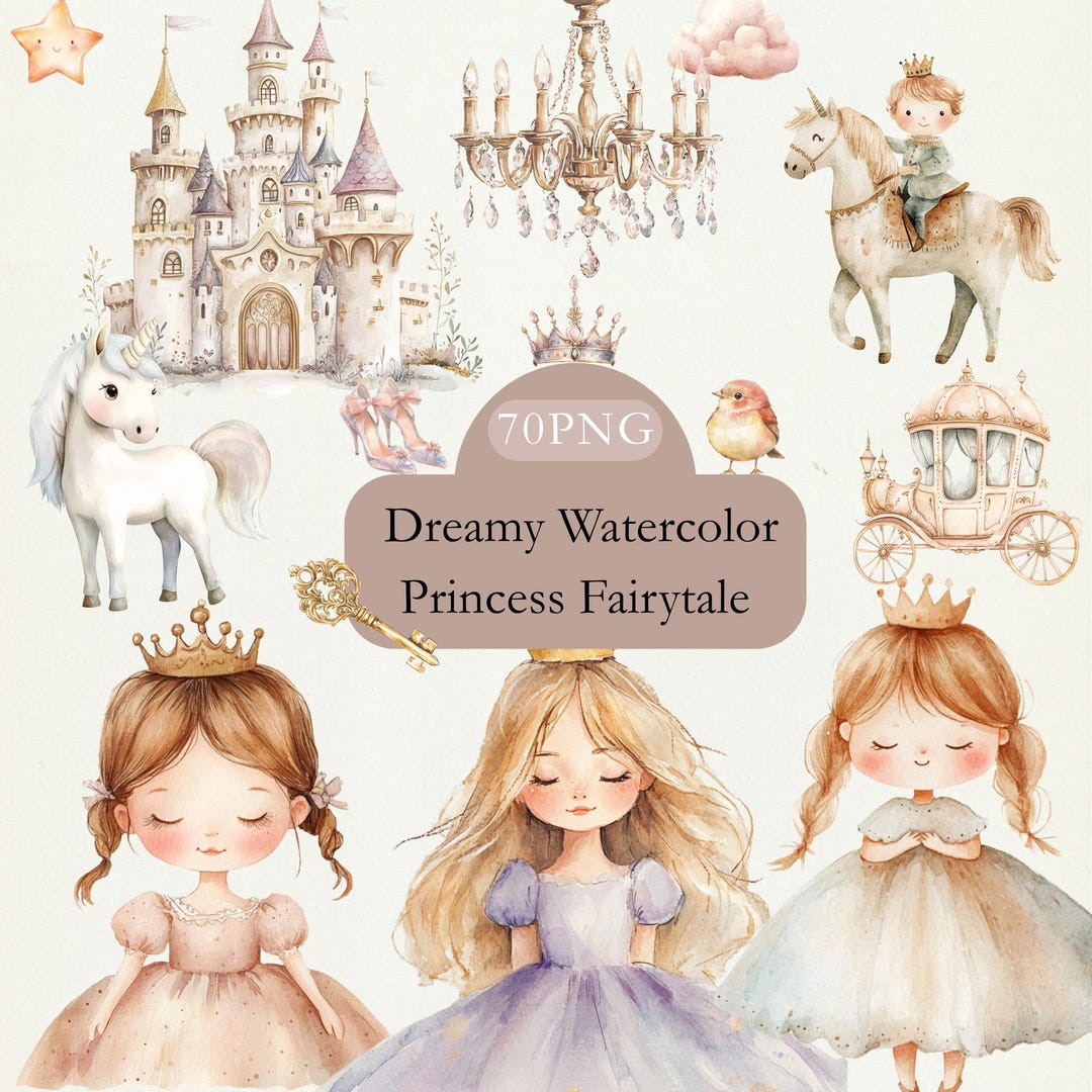 Dreamy Watercolor Princess Set | 70 Pastel Fairytale PNG Clipart | Cute ...