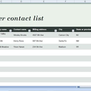 May include: A spreadsheet titled "Customer contact list" with columns for customer ID, company name, contact name, billing address, city, state, postal code, and country. An illustration of a person wearing a red hijab is in the top right corner.