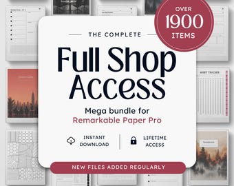 May include: A digital product bundle for Remarkable Paper Pro featuring a central white square with the text The Complete Full Shop Access, Mega bundle for Remarkable Paper Pro, Instant Download, Lifetime Access, and New Files Added Regularly.