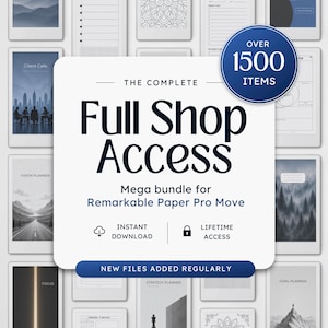 Könnte beinhalten: Ein digitales Produktpaket für Remarkable Paper Pro Move mit dem Text "The Complete Full Shop Access" und "Over 1500 Items". Das Design umfasst ein weißes zentrales Quadrat, das über verschiedenen Planervorlagen und Hintergründen liegt.