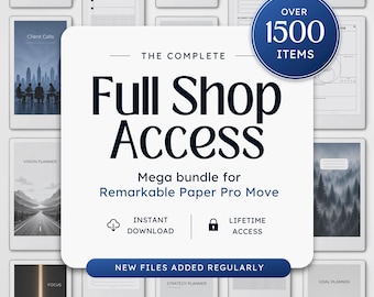 May include: A digital product bundle for Remarkable Paper Pro Move featuring a white square overlay with the text The Complete Full Shop Access, Mega bundle for Remarkable Paper Pro Move, and a blue circle badge stating Over 1500 Items.