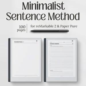 May include: Two digital notebooks are displayed, one blank and one with lined pages, with the text "Minimalist Sentence Method" and "100 pages for reMarkable 2 & Paper Pure." A black stylus is also visible in the image.