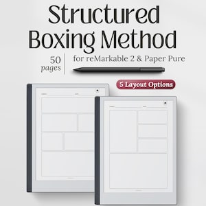以下が含まれることがあります： reMarkable 2およびPaper Pure用の「Structured Boxing Method」と題されたデジタルプランナーテンプレート。50ページと5つのレイアウトオプションが含まれています。画像には、件名と日付のフィールドがあるノートレイアウトを表示する2台のタブレット端末が写っています。
