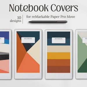 Op de afbeelding: Notitieboekhoezen voor reMarkable Paper Pro Move. De afbeelding toont vier digitale notitieboekhoezen met geometrische ontwerpen in verschillende kleuren, waaronder oranje, blauw en groen. Een zwarte styluspen is boven de notitieboeken geplaatst. De tekst "Notebook Covers" en "10 designs" is ook zichtbaar.
